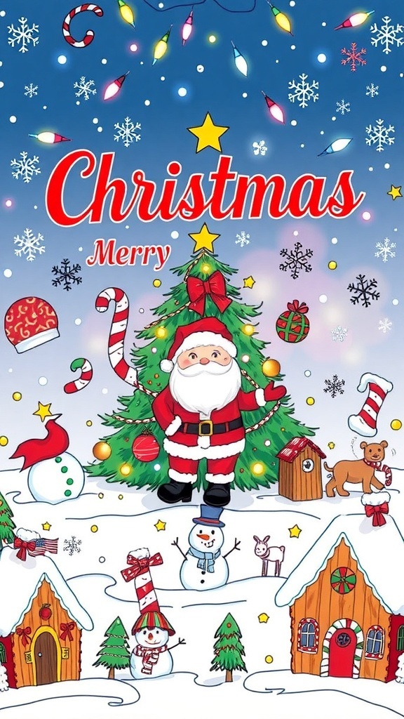 A colorful Christmas poster with drawings of a tree, Santa, snowman, and gingerbread houses against a snowy backdrop.